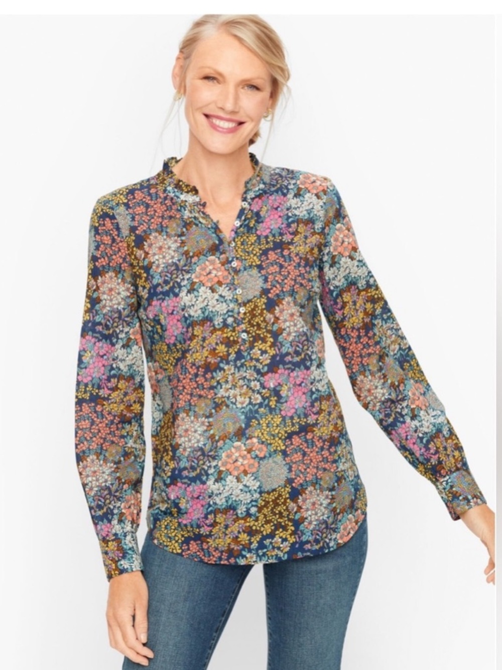 Talbots | Ruffle Band Collar Cotton Poplin | Floral